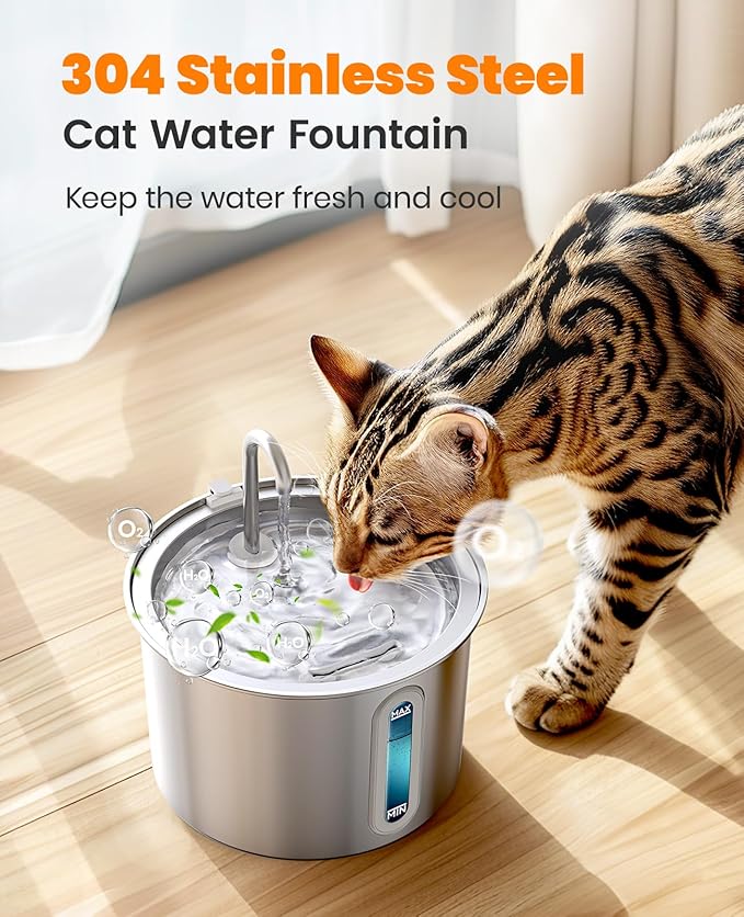 oneisall Stainless Steel Cat Water Fountain, 2L Water Fountains for Cats Indoor with Quiet Pump and 3 Replacement Filters, Pet Water Fountain Faucet Spout Design Cat Fountain Drinking Inside, PWF 001 - PAWPICO