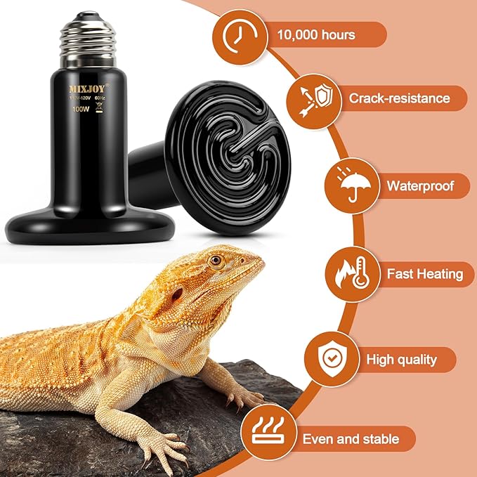 MIXJOY 100W Reptile Heat Lamp 2Pack Ceramic Heat Emitters Reptile Heat Lamp Bulbs, No Light Emitting Ceramic Heat Bulbs for Amphibian Terrarium Reptile Gecko Lizard Bearded Dragon Turtle Chicken Snake MIXJOY