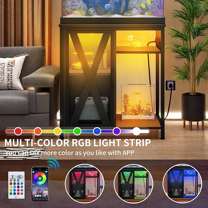 YITAHOME Fish Tank Stand with Power Outlets & LED Light, 20-29 Gallon Metal Aquarium Stand with Cabinet for Fish Tank Accessories Storage for Turtle Tank, Reptile Terrarium, 350LBS Capacity, Black YITAHOME