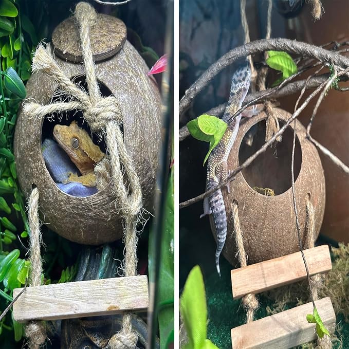 Grested Gecko Coconut Hut with Ladder,Leopard Gecko Coconut Hide Lizards Hanging Coco Den Cave Reptile Hammock Reptiles Tank Accessories Climbing Hanging Plants Jungle Vine Flexible Leaves Decor MUYG