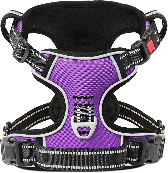 Timos Dog Harness Large Sized, No Pull Dog Harness with Neck Lockable Snap,No Choke Front Clip Dog Reflective Harness,Adjustable Metal Rings 3 Buckles,Easy Control Handle for Large Dogs Purple XL Timos