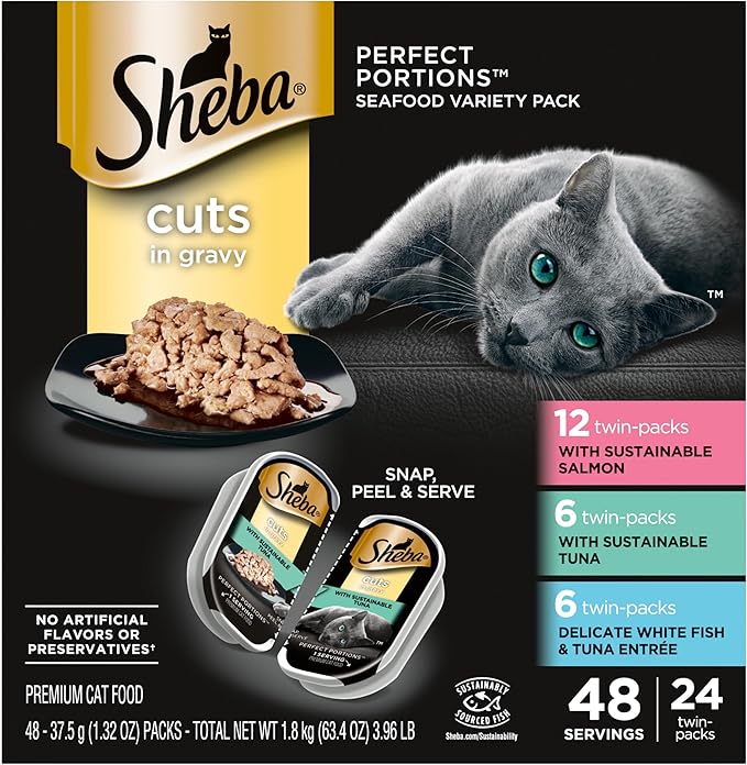 SHEBA Perfect Portions Cuts in Gravy Wet Cat Food Trays (24 Count, 48 Servings), Gourmet Salmon, Sustainable Tuna, And Delicate Whitefish & Tuna Entrée, Easy Peel Twin-Pack Trays - PAWPICO
