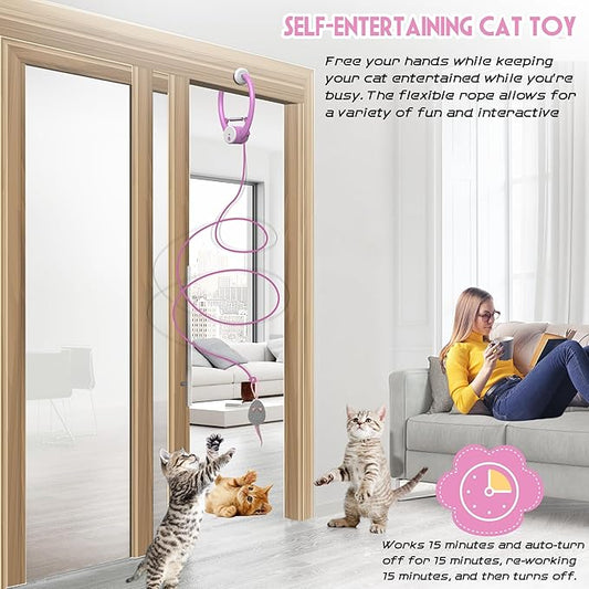 Cat Toy Interactive for Indoor Cats, Smart USB Rechargeable Door Hanging Automatic Retractable Kitten Toys, Teaser Electronic Self Play Feather Cat String Toys Attached with 3 Catnip Mice Pink - PAWPICO