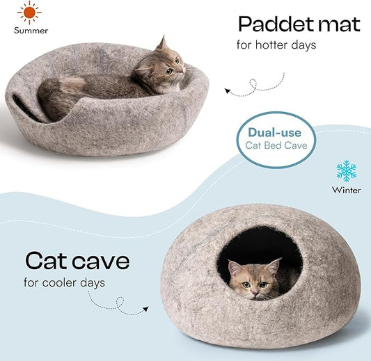 Cat Cave Bed -Handmade Wool Cat Bed Cave, Cat Bed Cat House, Felt Cat Caves for Indoor Cats and Kittens - PAWPICO
