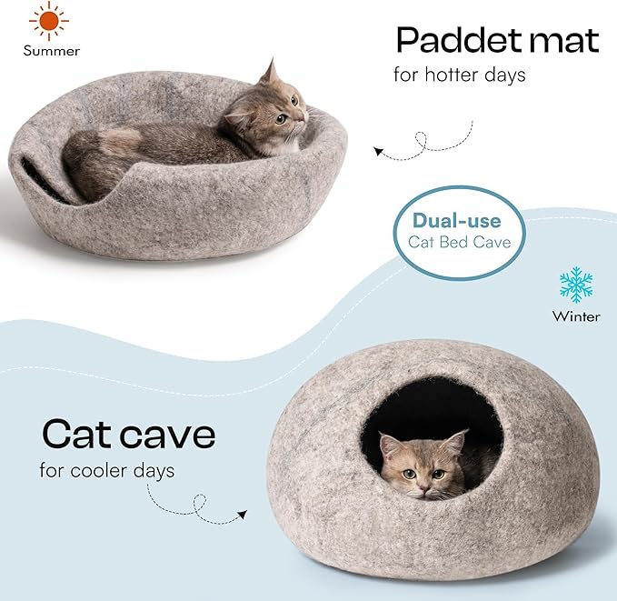 Cat Cave Bed -Handmade Wool Cat Bed Cave,Cat Bed Cat House, Felt Cat Caves for Indoor Cats and Kittens (Grey/White) - PAWPICO