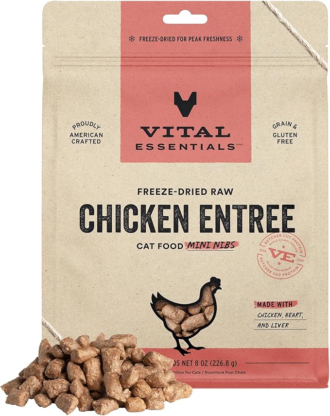 Vital Essentials Freeze Dried Raw Cat Food, Chicken Mini Nibs Entree, 8 oz VitalEssentials