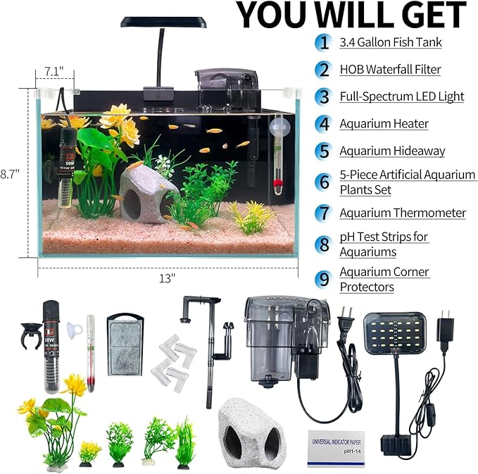 3.4-Gallon Ultra-Clear Low-Iron Betta Fish Tank Kit with Waterfall Filter, Full-Spectrum LED Light, Heater, Hideaway, Plants, Thermometer, and pH Test WelcometoCICKSEED