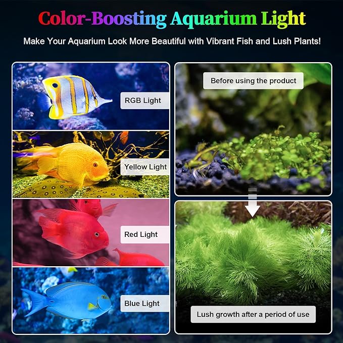 Aquarium Light for Fish Tank, Full Spectrum LED Aquarium Light for Plants, Adjustable Brightness, Timer Auto On/Off, White Blue Red Green Pink LEDs with Extendable Brackets for 48-54 Inch Tanks KINGDANS