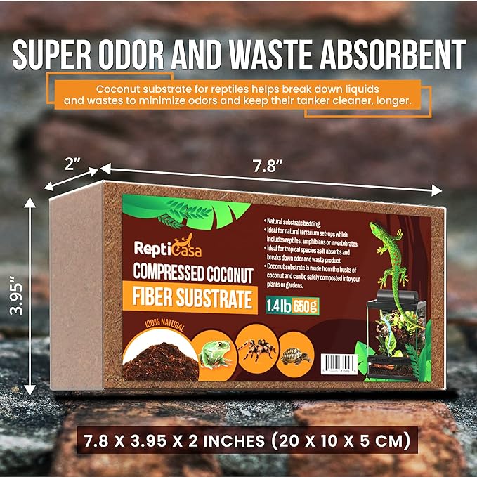 Compressed Coconut Fiber Substrate, 1.4 lb. Bricks, Natural Husk Terrarium Bedding, Reptiles, Frogs, Snakes, or Tortoise, Odor and Waste Absorbent Compostable, 5 Pack ReptiCasa