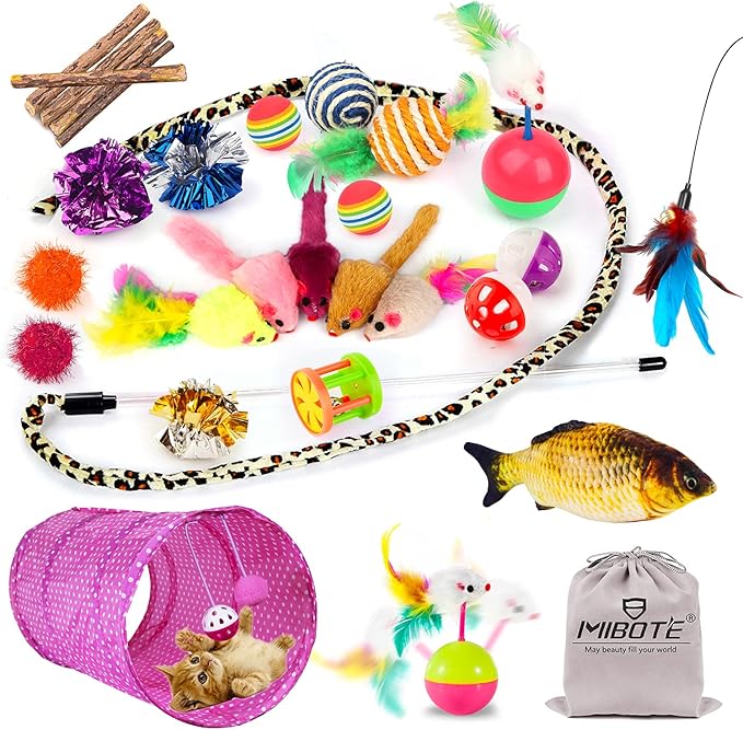 MIBOTE 28Pcs Cat Toys Kitten Toys Assorted, Cat Tunnel Catnip Fish Feather Teaser Wand Fish Fluffy Mouse Mice Balls and Bells Toys for Indoor Cat Puppy Kitty Interactive Cat Toy Set - PAWPICO