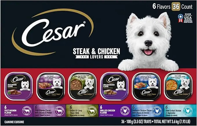CESAR Adult Wet Dog Food Steak and Chicken Lovers Variety Pack with Real Meat or Real Chicken, (36) 3.5 oz. Easy Peel Trays - PAWPICO