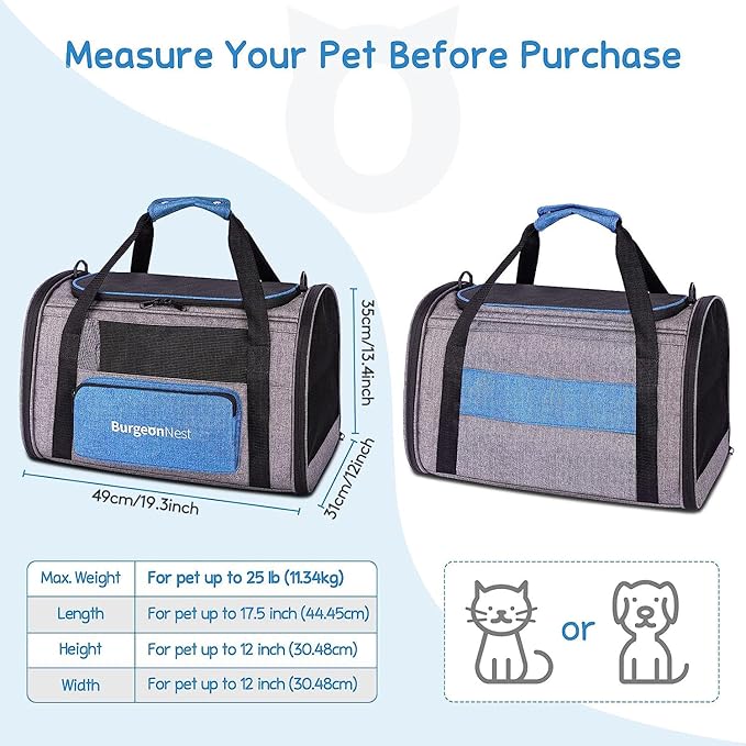 BurgeonNest Cat Carrier for Large Cats 20 lbs, Soft-Sided Pet Carrier for Small Dogs Medium Cats Under 25 lbs, Puppy Travel Bag with Big Storage Bag, 4 Ventilated Windows, 3 Doors - PAWPICO
