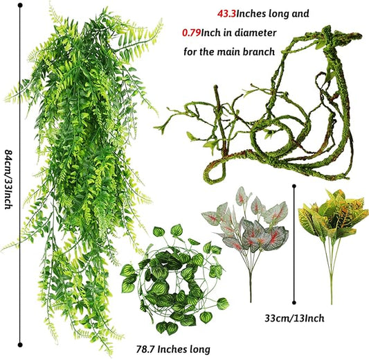 Reptile Plants, Terrarium Hanging Plant Vines Artificial Leaves Reptile Hide, Leopard Gecko Tank Accessories, Terrarium Decorations for Bearded Dragon Lizard Snake Geckos Chameleon PAWPICO