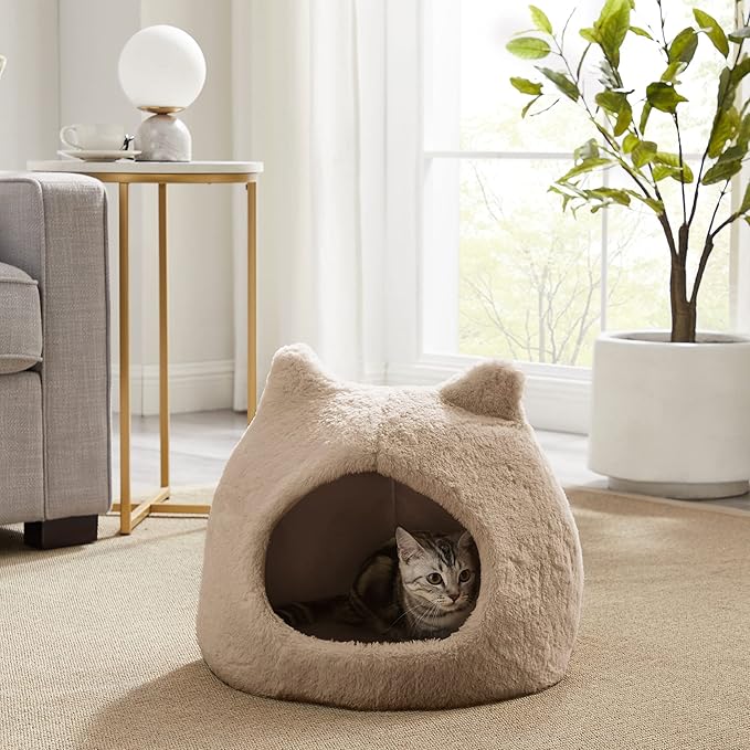 Best Friends by Sheri Meow Hut in Fur Cover Dome Cat and Dog Bed, Wheat, Small - PAWPICO