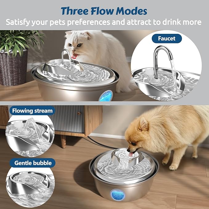 ORSDA Cat Water Fountain, Stainless Steel Water Fountains for Cats Indoor, 118oz/3L Automatic Pet Fountain Water for Cats and Small Dog for Drinking - Water Level Window & Faucet 4 PCS Filters (D66-F) - PAWPICO