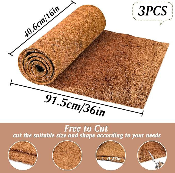 ZeeDix 3 Rolls Coconut Fiber Reptile Substrate Mat, 16 x 36 inches Natural Coco Mat Reptile Carpet Coco Fiber Liner Turtle Bedding Reptile Terrarium Liner for Lizard Snake Turtle Gecko Bearded Dragon ZeeDix