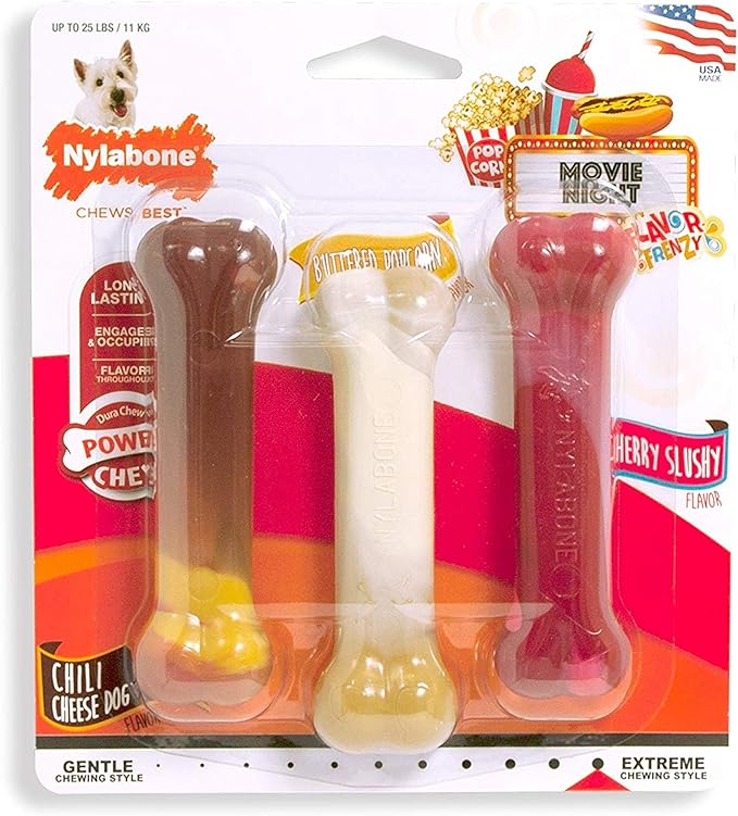 Nylabone Power Chew Flavor Frenzy Bone Chew Toy for Dogs, Indestructible Chew Toys for Aggressive Chewers, Chili Cheese Dog, & Popcorn & Cherry Flavor, Small/Regular - Up to 25 Ibs. (3 Count) - PAWPICO