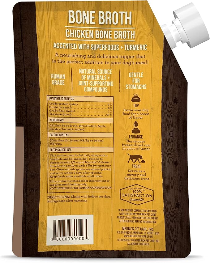Merrick Grain Free Bone Broth, Premium Human Grade And Gluten Free Dog And Cat Food Topper Pouches, Chicken - 16 oz. Pouch - PAWPICO