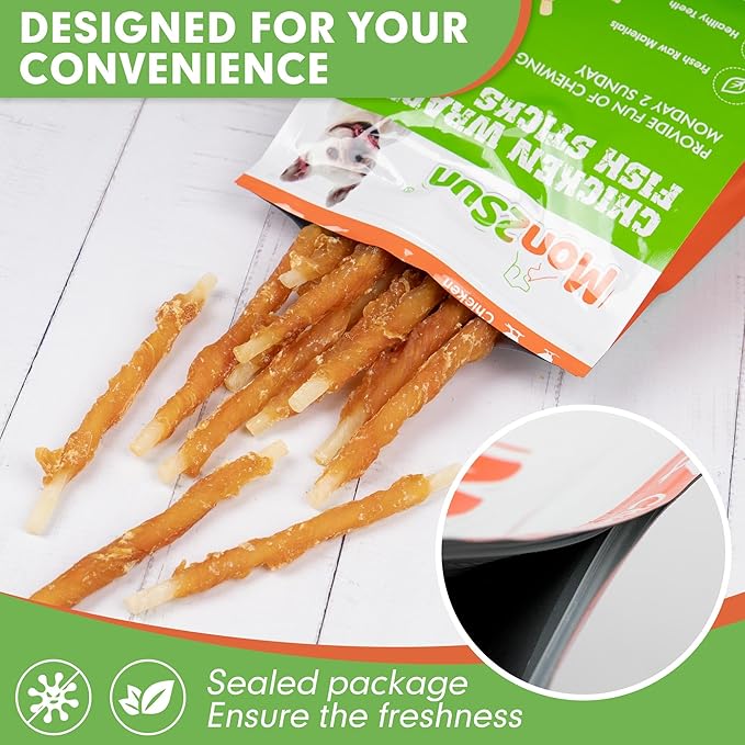 MON2SUN Rawhide Free Dog Treats Chicken Wrapped Cod Sticks for Small Dogs Healthy Training Treats Soft Dog Snacks (14.11 Ounce -Pack of 1) - PAWPICO