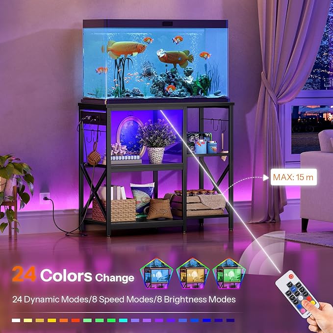 HOOBRO 20-29-37 Gallon Fish Tank Stand with Power Outlets and LED Light, Aquarium Stand with Storage Shelves, 35.4" L x 15.7" W, Reptile Tank Stand with Stable Metal Frame, Black BK80UDFT01 HOOBRO