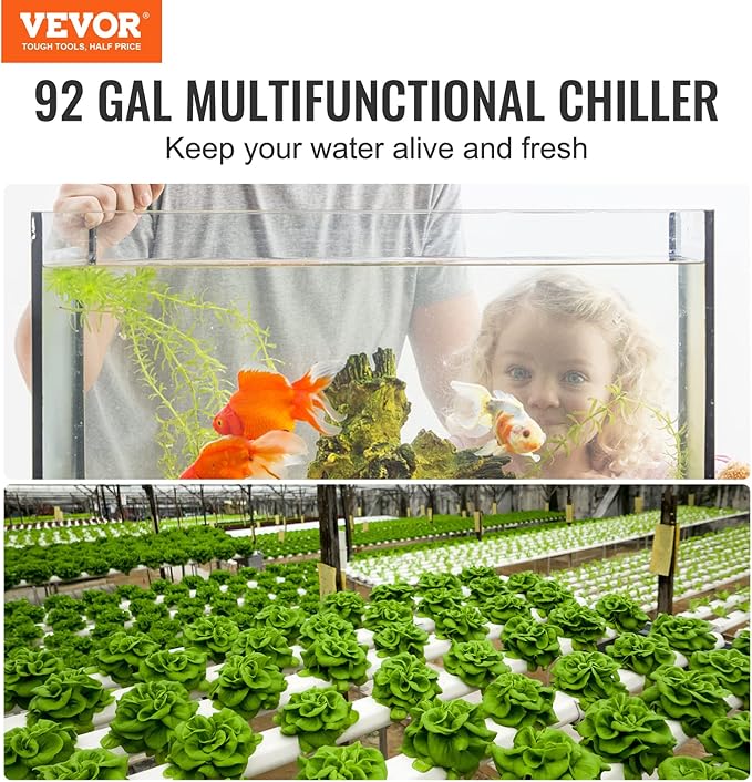 VEVOR Aquarium Chiller, 92 Gal 348 L, 1/4 HP Hydroponic Water Chiller, Quiet Refrigeration Compressor for Seawater and Fresh Water, Fish Tank Cooling System with Pump/Hose, for Jellyfish, Coral Reef VEVOR