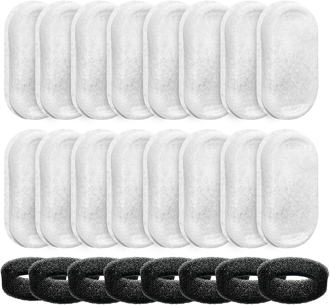 Tomxcute Official Cat Water Fountain Filters for 108oz/3.2L and 135oz/4.0L Adjustable Water Flow Cat Water Fountain, Ultra-Quiet Cat Water Fountain 16 Packs Filters & 8 Sponges Foam Filters - PAWPICO