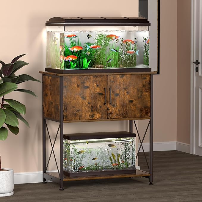 20-29 Gallon Aquarium Stand Metal Frame Fish Tank Stand with Cabinet Storage, for 20 Gallon Long Aquarium,30.7" L*16.5" W Tabletop,330LBS Capacity Rustic Brown and Black PG01YGN Herture