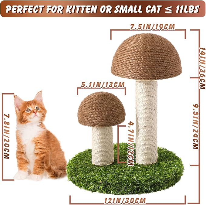 Cat Scratching Post - Mushroom Cat Scratcher Featuring with Natural Sisal Caps Scratch Pole and Sturdy Base for Kittens & Small Cats - Brown - PAWPICO