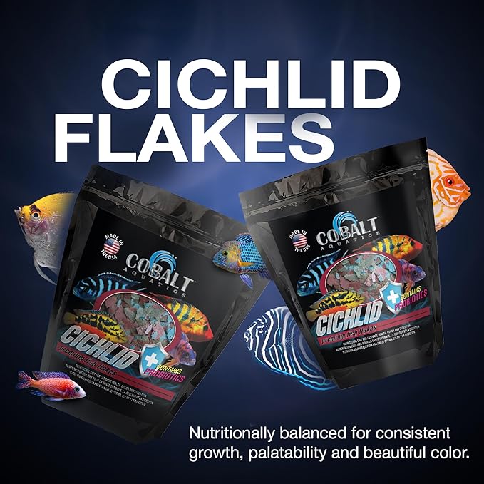 Cobalt Aquatics Cichlid Flakes 16oz - Probiotic Formula for Growth, Color & Health - Blue Flakes for Digestive & Immune Support - for Clear Aquariums COBALTAQUATICS