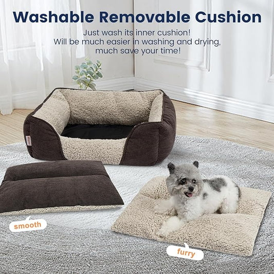 Miguel Washable Cat Beds for Indoor Cats with Removable Cushion, Easy to Wash Small Pet Sofa Bed with Side, Rectangle Bolster Kitten Bed Calming Cuddle Puppy Bed with Anti-Slip Bottom, Brown 18 Inch - PAWPICO