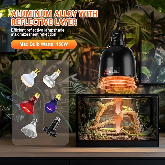 Reptile Light Fixture with Thermostatic Timer, 5.5'' Reptile Heat Lamp Fixture, Added Switch Control Function with 100W Heat Lamp Bulbs for Reptile Glass Terrariums PAWPICO