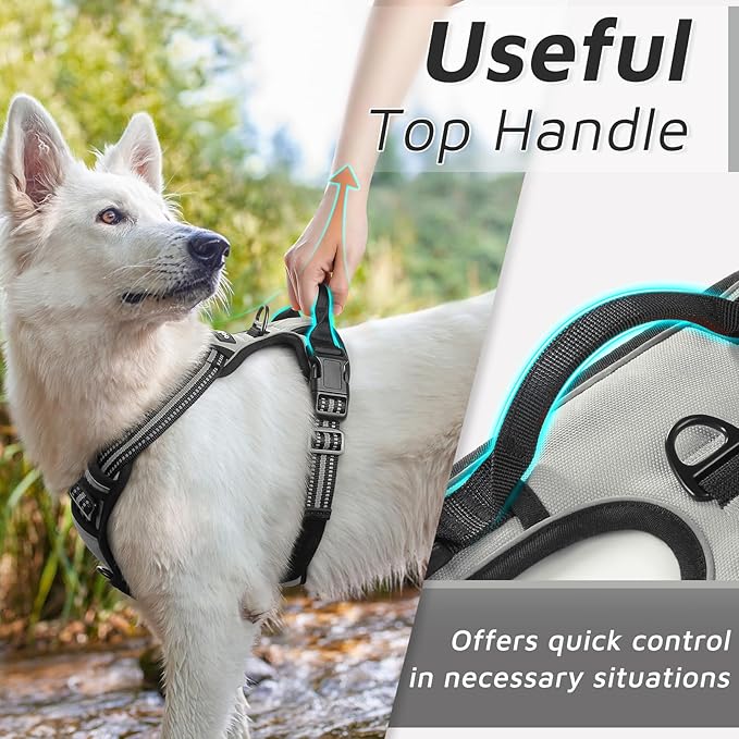 Eagloo Dog Harness Medium Sized Dog, No Pull Service Vest with Reflective Strips and Control Handle, Adjustable and Comfortable for Easy Walking, No Choke Pet Harness with 2 Metal Rings, Grey, M GoExplorewithEagloo