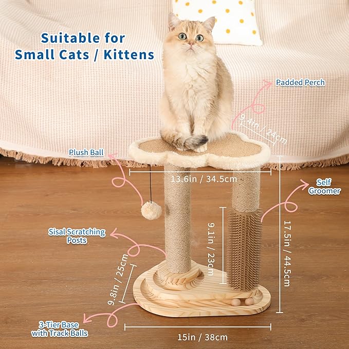 Made4Pets Cat Scratching Post, Cat Self Groomer for Indoor Cats, Cloud Soft Perch for Rest, 17.5" Tall Natural Sisal Scratcher Cat Grooming Interactive Ball Track Toys for Small Cats Kittens - PAWPICO