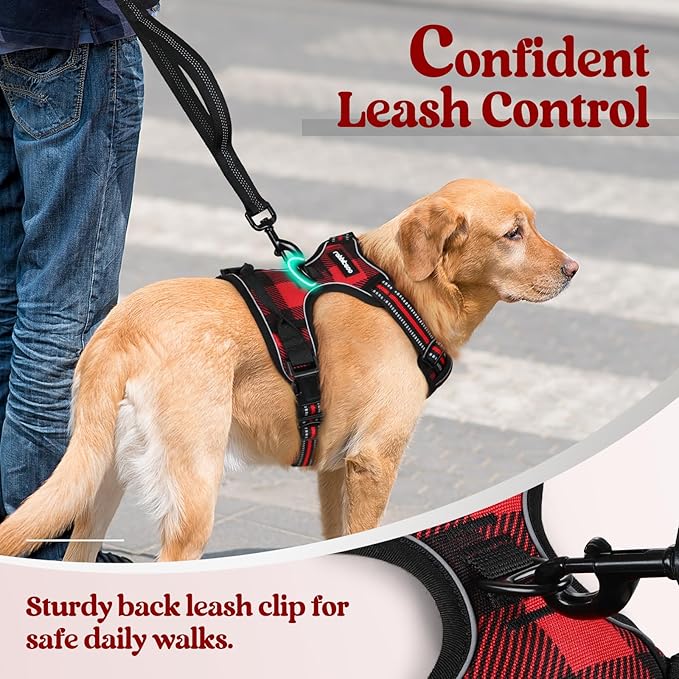 rabbitgoo Dog Harness No Pull with 2 Leash Clips, Adjustable Soft Padded, Reflective Oxford No Choke Pet Vest with Easy Control Handle for Large Dogs, Red Plaid, L rabbitgoo