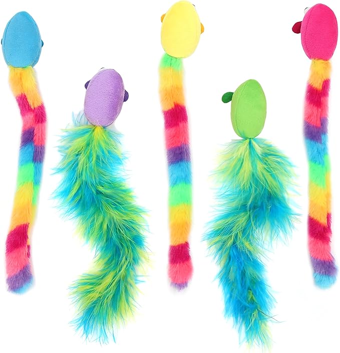 5 Pack Interactive Catnip and Feather Cat Toys, Multi-Colored Mice with Long Feather Tail, Accessories for Indoor Cat, Catnip Plush Toys with Natural Feathers and Rattles - PAWPICO