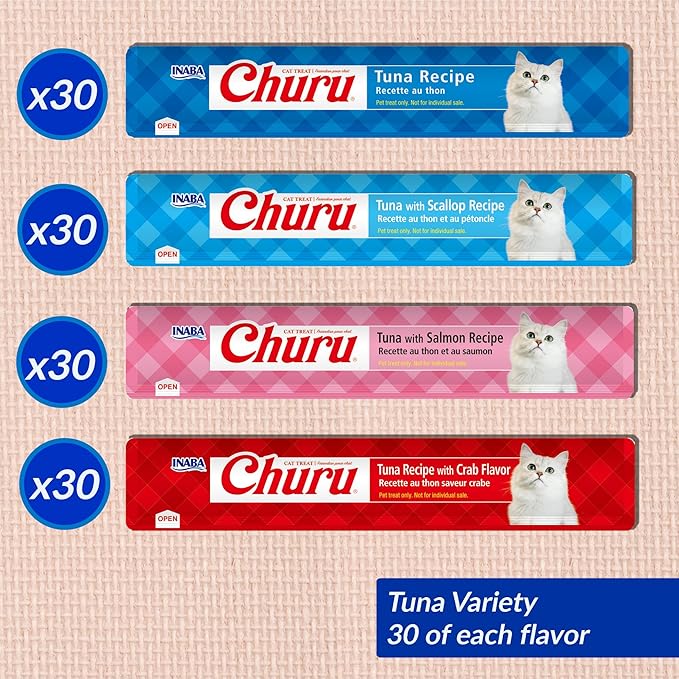 INABA Churu Cat Treats, Lickable, Squeezable Creamy Purée with Vitamin E, 0.5 Ounces per Tube, 120 Tubes Total, Tuna Variety INABA