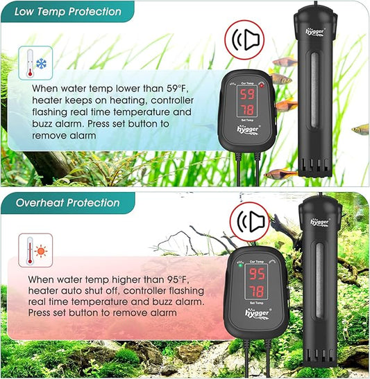 hygger 300W Submersible Aquarium Heater with Digital Controller, Auto Shut Off Fish Tank Heater for 40-65 Gallon Freshwater/Saltwater Reef Tank hygger
