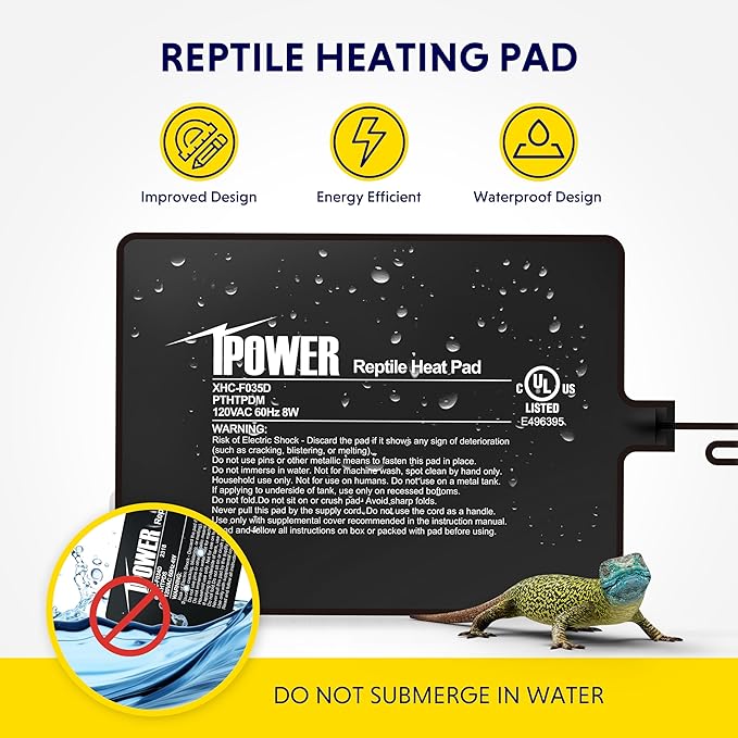 iPower Reptile Heat Pad 6X8 Inch 8W Under Tank Terrarium Warmer Heating Mat for Turtle, Lizard, Frog, Snake, Reptile, and Other Small Animals iPower