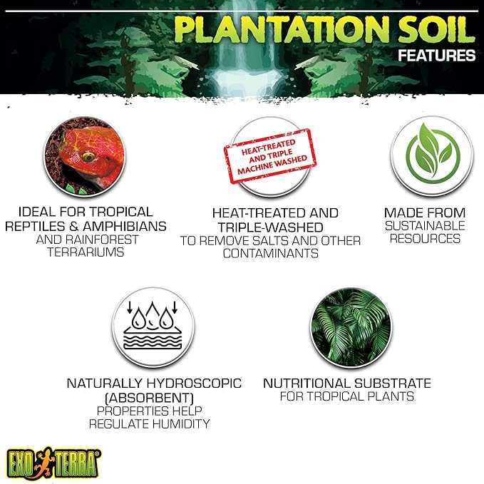 Exo Terra Plantation Soil, 8 Qt (8.8 L) - 100% Natural Terrarium Substrate | Increases Humidity, Stimulates Digging & Burrowing | Ideal for Natural Terrarium Setups & Live Plants ExoTerra