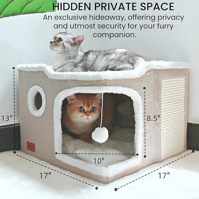 Large Cat Cave Bed for Indoor Cats, Cats Cube House with Scratch Pad Cat Condo Hideaway Tente Hut with Washable Sherpa Warm Soft Cat Mat, Cute Cat Beds Furniture, Modern Dog Bed,Beige - PAWPICO