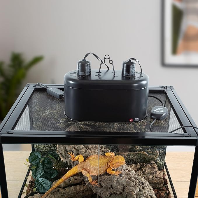 REPTIZOO Dual Reptile Light Fixture with Dimming Thermostat and Timer, Deep Dome Lamp Fixture with Independent Reptile Dimming Thermostat Heat Bulb Temperature Controller and Timing Function REPTIZOO