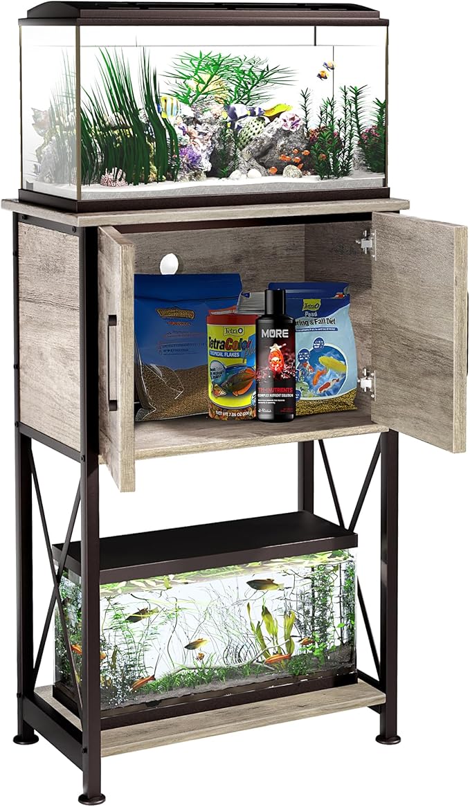 5-10 Gallon Fish Tank Stand, Metal Double Aquarium Stand with Cabinet for Fish Tank Accessories Storage, Heavy Duty 20.5" L* 11.02" W Tabletop, 500LBS Capacity Grey PG06YGZ Herture