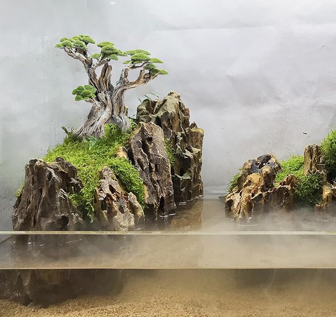 Fish Tank Decor- Bonsai Tree of The Forest with Faux Moss- Aquarium Rocks Aquascaping- Made of Sandstone, 8.8 x 4.3 x 7.8 inches Novelsite