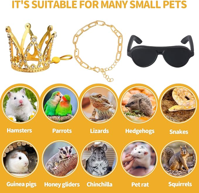 Bearded Dragon Accessories Set Including Crown Necklace Sunglasses with Adjustable Elastic Chin Strap Reptile Clothes Lizards Gecko Chameleon Iguana Frogs for Photo Props Birthday Gift Keymall