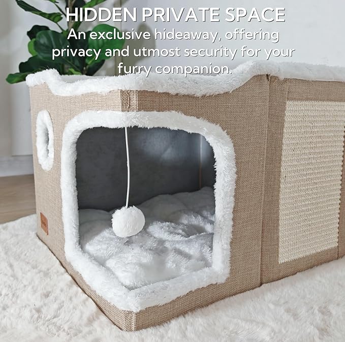 Large Cat Bed for Indoor Cats, Foldable Adult Cat Cave Anti Anxiety Cat House Cube with Scratch Pad Cat Towers, Cute Kitten Condo Hideaway Hut with Soft Pillow Mat for 2 Pets Under 30 lbs Kaki - PAWPICO