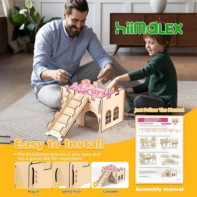 hiimalex Wooden Hamster Castle House with Ramp and Plush Bedding for Chinchilla Guinea Pig Hedgehog Gerbil Hamster Rat Durable Habitats for Playing and Hiding MakeTheKingdomforYourBunnies