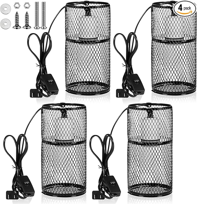VIHOSE 4 Pcs Reptile Heat Lamp Guard with 150W Ceramic Heat Emitter Basking Anti Scald Heating Lamp Holder Mesh Cage Reptile Protection Lampshades for Reptile Lizard Snake Chick, Bulb Not Included VIHOSE