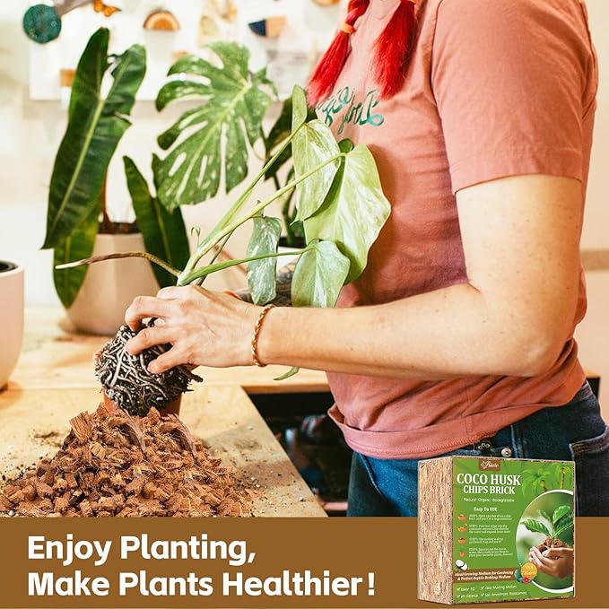 Riare 10LBS Coco Chips Substrate for Plants- 100% Organic Coconut Husk Chips with Low EC and pH Balanced, High Expansion Coconut Substrate Coco Husk Mulch for Garden Flowers, Herbs, Planting Riare