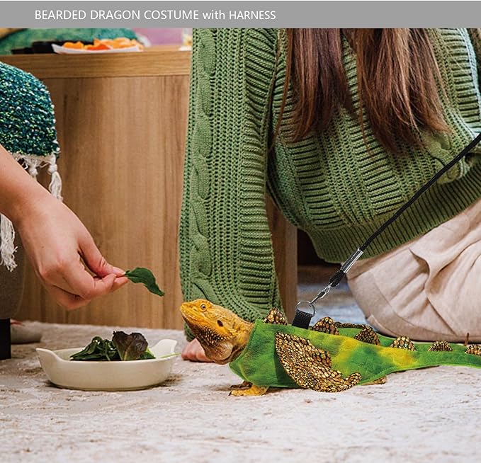 Bearded Dragon Dinosaur Costume with Harness, Bearded Dragon Halloween Costume, Beardie Durable Nylon Leash & Clothes, Tank Accessories for Lizard Reptile Small Pet Rabbit (Small Size) WELCOME