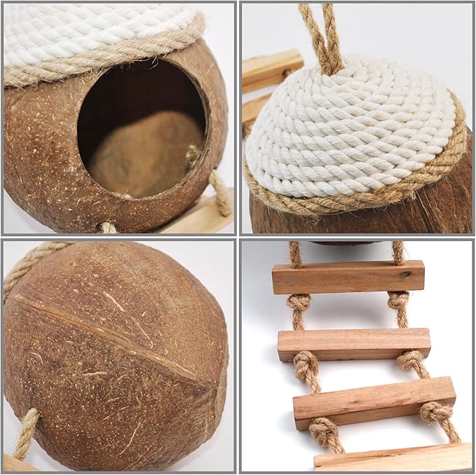 Leopard Gecko Coconut Hut with Ladder,Grested Gecko Coco Den Lizards Hanging Coconut Shell Hideout Cave Reptiles Tank Accessories Climbing Hanging Plants Jungle Vine Flexible Leaves Decor MUYG